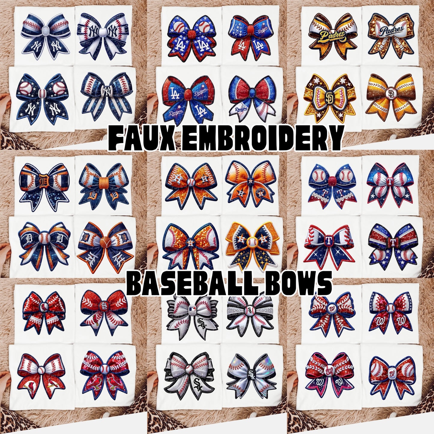 Faux Embroidery Baseball Bows Clipart Bundle