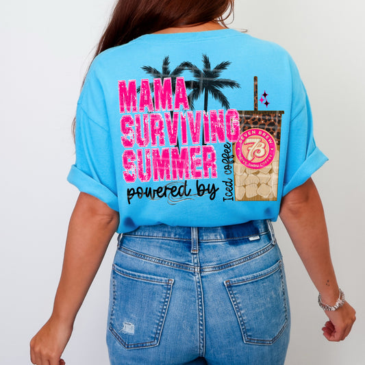 Mama surviving summer powered by iced coffee With pocket- 7 Leopard and dots