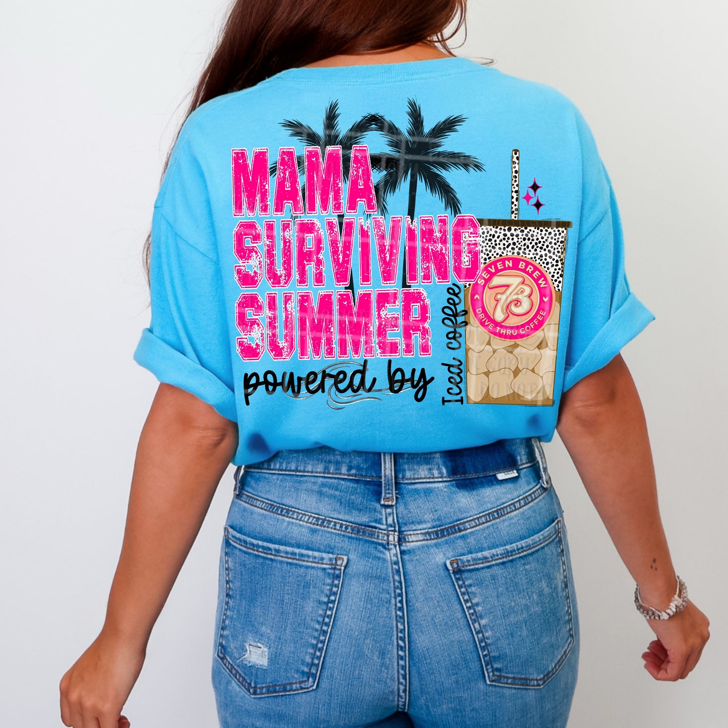 Mama surviving summer powered by iced coffee With pocket- 7 Leopard and dots
