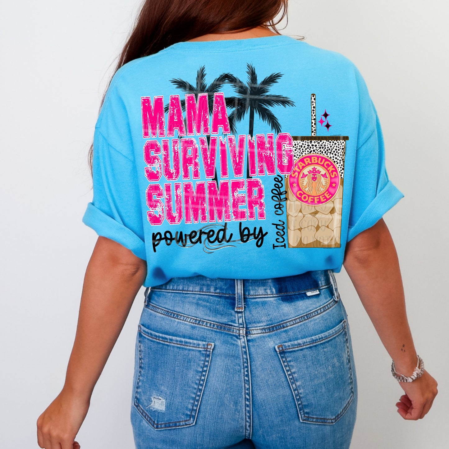 Mama surviving summer powered by iced coffee With pocket- Leopard and Dots Star