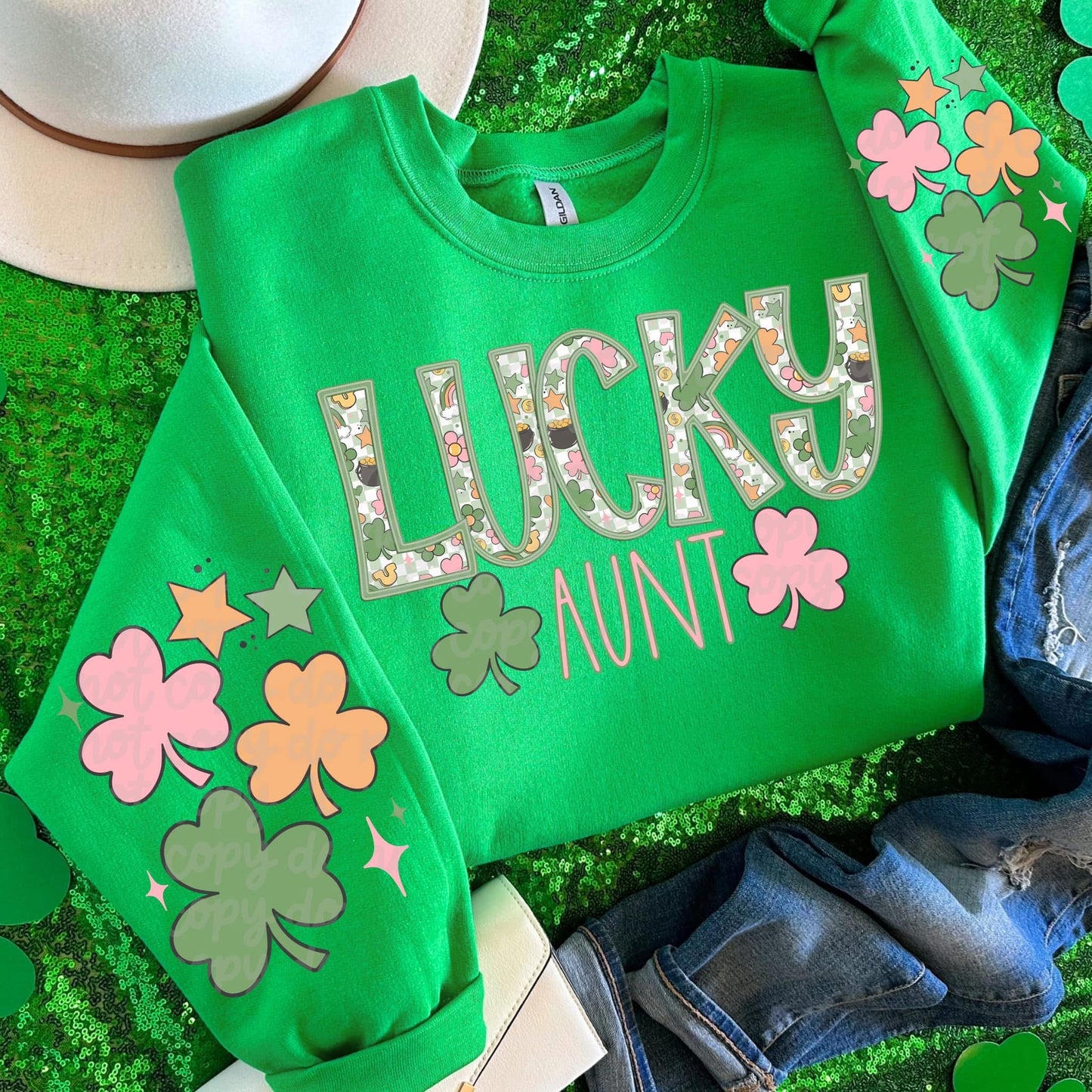 Faux Embroidery Lucky Aunt With Sleeve